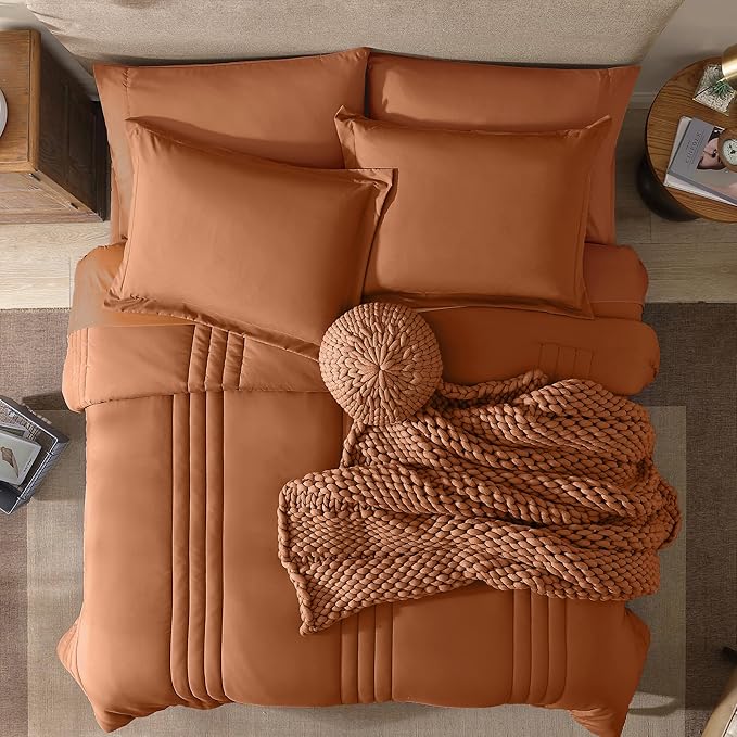 Monbix California King Size Comforter Set - 7 Pieces Bed in a Bag, Burnt Orange Bedding Sets with Comforter, All Seasons Comforter Bed Set with Sheets, Pillowcases & Shams