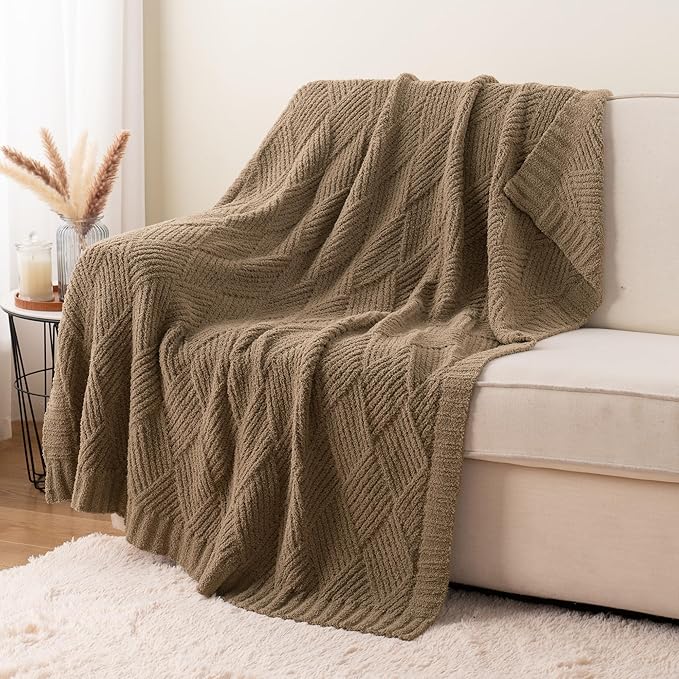 Battilo Khaki Diamond Knit Throw Blanket for Couch and Bed, Soft Textured Chenille Blanket, Cozy Lightweight Decorative Blanket for Sofa, 50"x60"