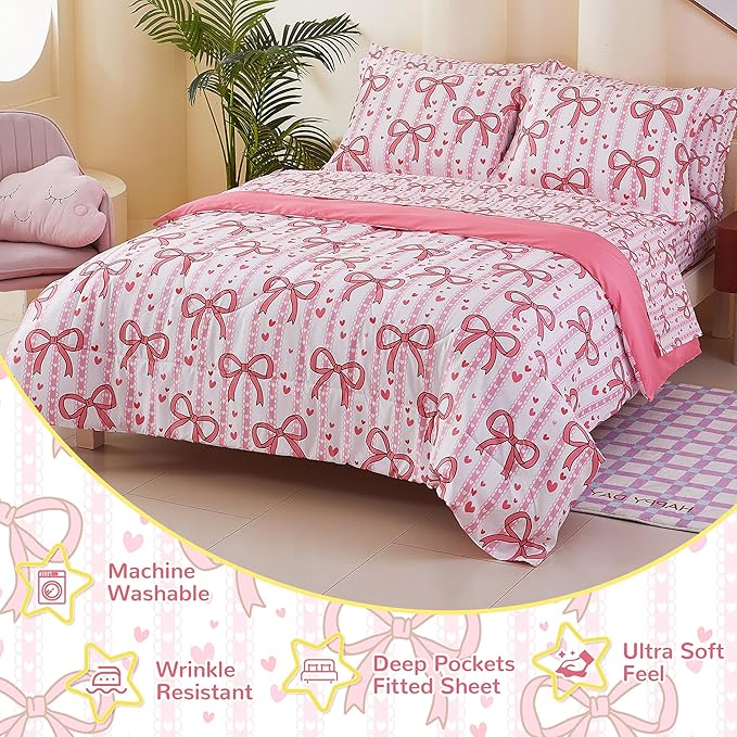 Viviland Kids Full Bedding Sets for Girls, Soft Full Comforter Set with Sheets, 7 Pieces Microfiber Bed in a Bag, Pink Bow