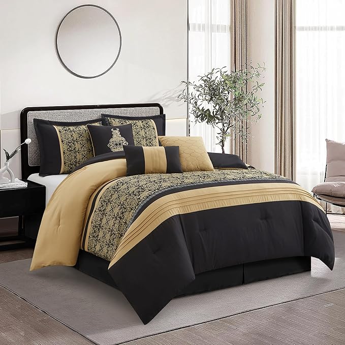 Grand Avenue Black Gold Comforter Set King Size, 7 Piece, Damask Jacquard Home Decor, Matcking Bed Skirt, Pillows & Shams, All Season Bedding Set