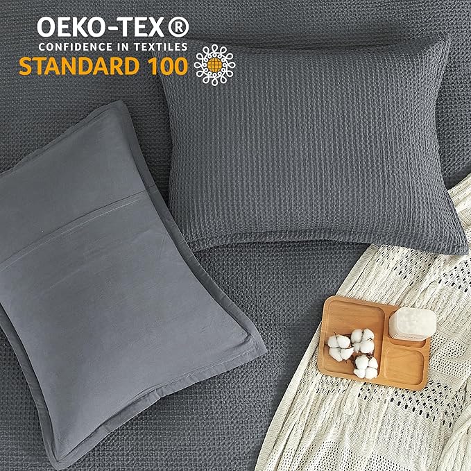 SE SOFTEXLY Waffle Duvet Cover King, 100% Cotton Waffle Weave Bedding Duvet Cover Set, Soft and Breathable Comforter Cover for All Season, 3 Pieces Including Pillow Shams（Dark Grey, 104”x90”）