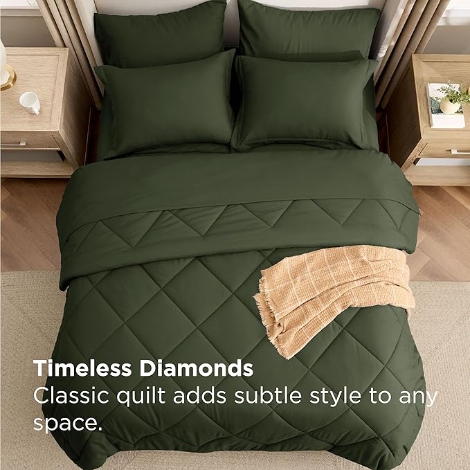 Bedsure 7 Pieces Full Comforter Set Premium Series, Hotel Luxury Soft Bed in a Bag, Goose Down Alternative, Safe for Sensitive Skin Bedding Comforter All Season Medium Warmth, Olive Green Full Size