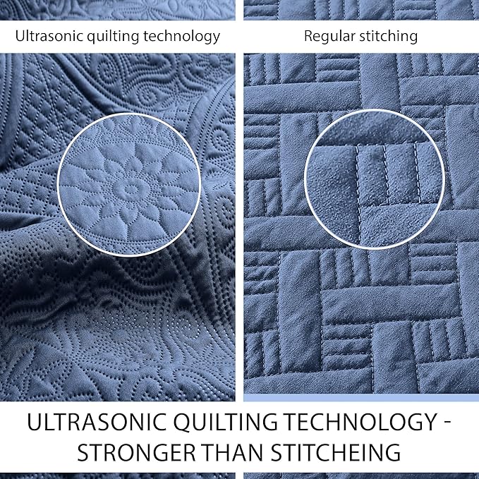 IR Imperial Rooms King Quilt Bedding Set Size (106" x 96") + 2 Pillow Shams (20" x 36"+ 2") - 3 Pcs All Season Lightweight Reversible Microfiber Coverlet Floral Embossed Quilt Bedspread (Light Blue)