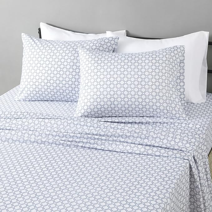 Amazon Basics Lightweight Microfiber 4-Piece Bed Sheet Set, Full, Aqua, Printed
