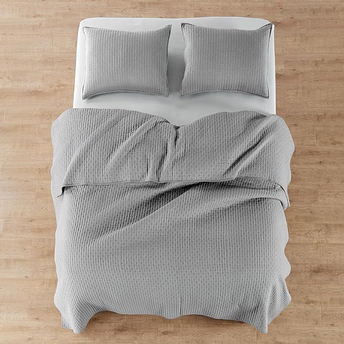 Levtex Home Cross Stitch Reversible Full/Queen Quilt Set (88x92in) and 2 Pillow Shams (26x20in) - Stitch Texture - Light Grey - Cotton Full/Queen Size Quilt Bedding Set - Lightweight, Soft, Pre-Washed