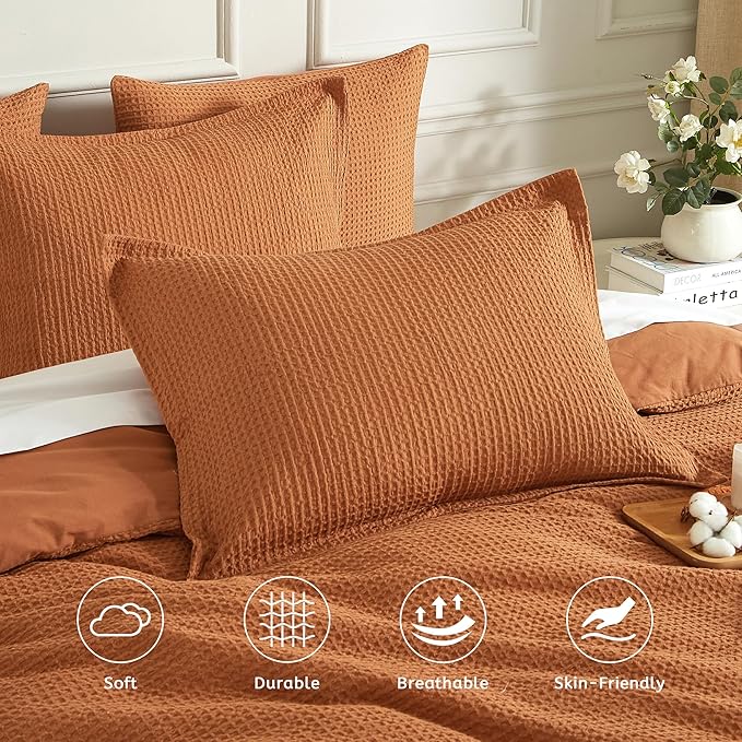 SE SOFTEXLY Waffle Duvet Cover Queen, 100% Cotton Waffle Weave Bedding Duvet Cover Set, Soft and Breathable Comforter Cover for All Season, 3 Pieces Including Pillow Shams（Terra Cotta, 90”x90”）