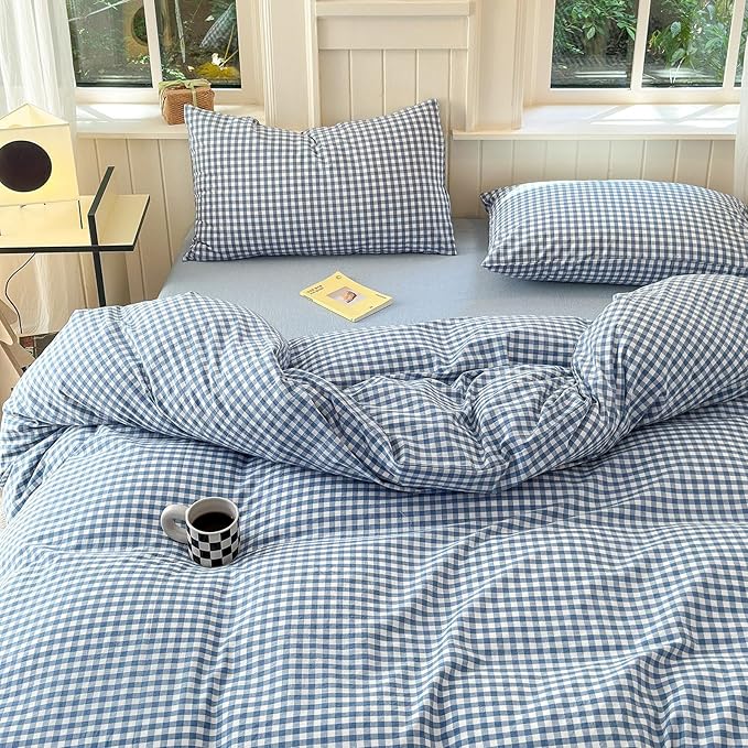 Blue Gingham Comforter Set Queen Modern Plaid Checkered Pattern Comforter 3 Pieces Blue Grid Comforter with 2 Pillowcases Soft Fluffy Gingham Bedding Set Farmhouse Plaid Comforter Set for All Seasons