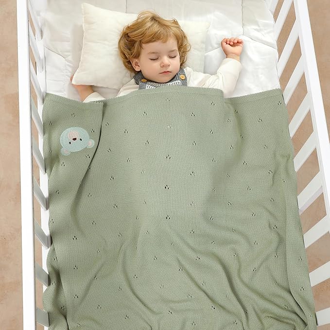 mimixiong Organic Cotton Baby Blanket Neutral Knitted Soft Crib Nursery Swaddling Receiving Blankets for Newborn Baby Boy Girl 40x30 Inch (Green)