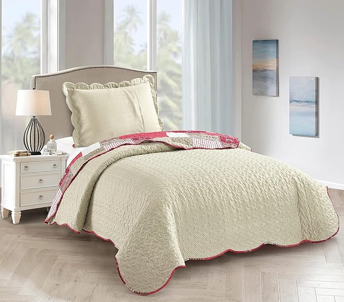 Brilliant Sunshine Burgundy Heart Love, Floral and Lace Patchwork, 2-Piece Quilt Set with 1 Sham, Reversible Bedspread, Soft Lightweight Coverlet, All-Season, Twin, Burgundy