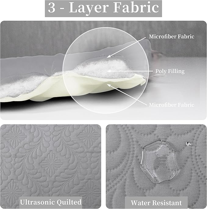 Easy-Going Twin Size Reversible Quilt Set with 1 Quilt and 1 Pillow Sham, Soft Bed Quilt Cover, Water Resistant Lightweight Microfiber Bedspread, Stain Resistant, Olive Leaf-Light Gray/Ivory