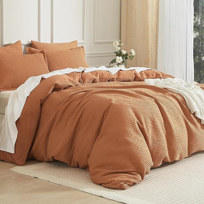 SE SOFTEXLY Waffle Duvet Cover Queen, 100% Cotton Waffle Weave Bedding Duvet Cover Set, Soft and Breathable Comforter Cover for All Season, 3 Pieces Including Pillow Shams（Terra Cotta, 90”x90”）