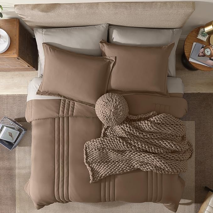 Monbix Oversized Queen Comforter Set - 7 Pieces Brown Bed in a Bag Oversized Queen Bedding Sets with Comforters, All Seasons Comforter Bed Set with Sheets, Pillowcases & Shams