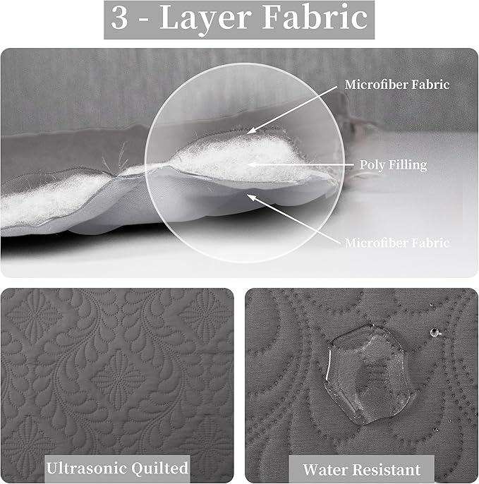 Easy-Going King Size Reversible Quilt Set with 1 Quilt and 2 Pillow Shams, Soft Bed Quilt Cover, Water Resistant Lightweight Microfiber Bedspread, Stain Resistant, Olive Leaf-Gray/Light Gray