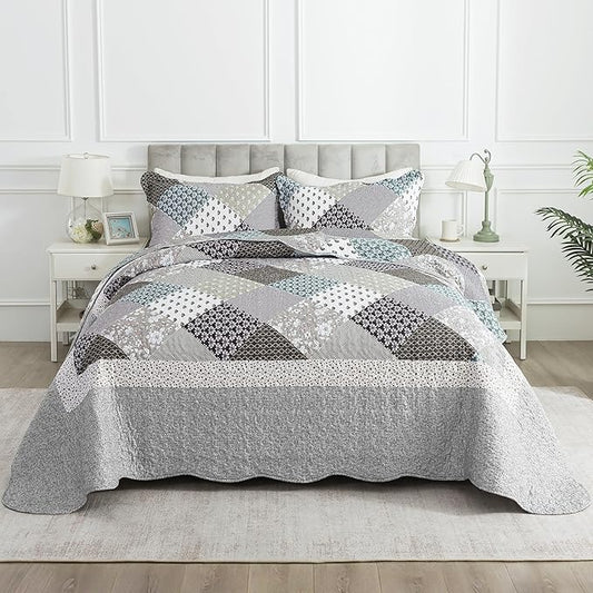 HoneiLife Queen Size Quilt Set - 3 Piece Microfiber Quilts Reversible Bedspreads Patchwork Coverlets Rustic Bedding Set for Queen Bed