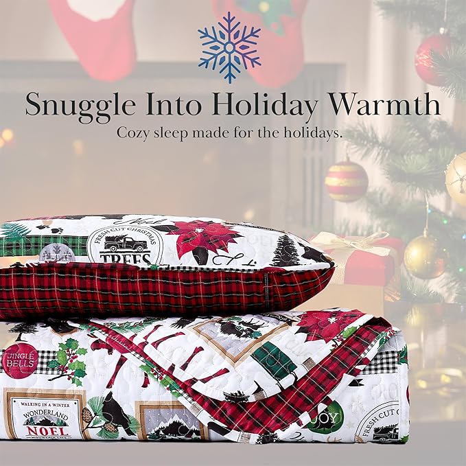 Southshore Fine Living, Inc. King Size Christmas Quilt with Matching Pillow Shams, Holiday Bedding Set, 3-Piece King/California King Quilt Set, Reversible Red Plaid Quilt & Rustic Cabin Print