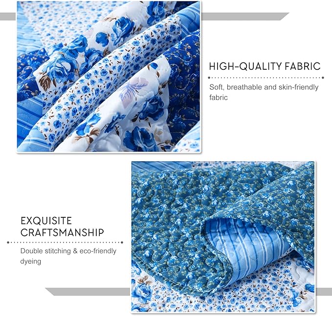 Travan Bedspread Quilt Sets 3-Piece Lightweight Coverlet Set with Shams Reversible Quilted Bedding Set, Blue Floral Patchwork, King Size