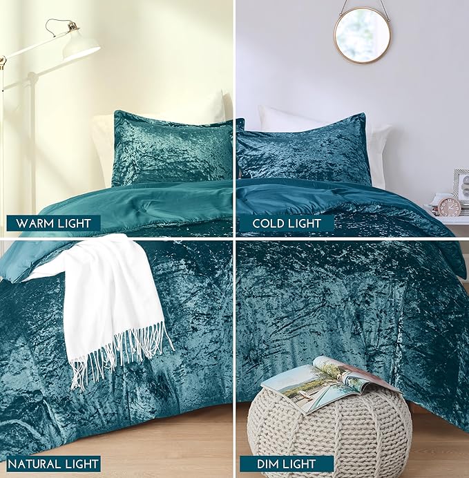 Comfort Spaces Juliette Luxe Comforter Set Velvet Lush with Soft Brushed Microfiber Reverse, All Season Cozy Velvet Bedding Sets, Fluffy Comforter Bed Set, Matching Sham, Teal Full/Queen 3 Piece