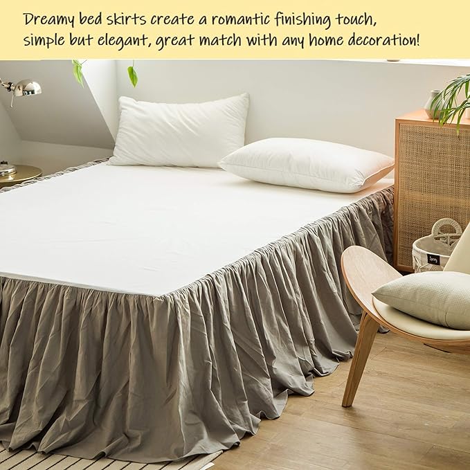 BISELINA French Linen Bed Skirt with Pleated Frills 22-Inch Tailored Drop Natural Flax Cotton Blend Dust Ruffle Soft Cozy Farmhouse Bedding (22" Queen, Grey)