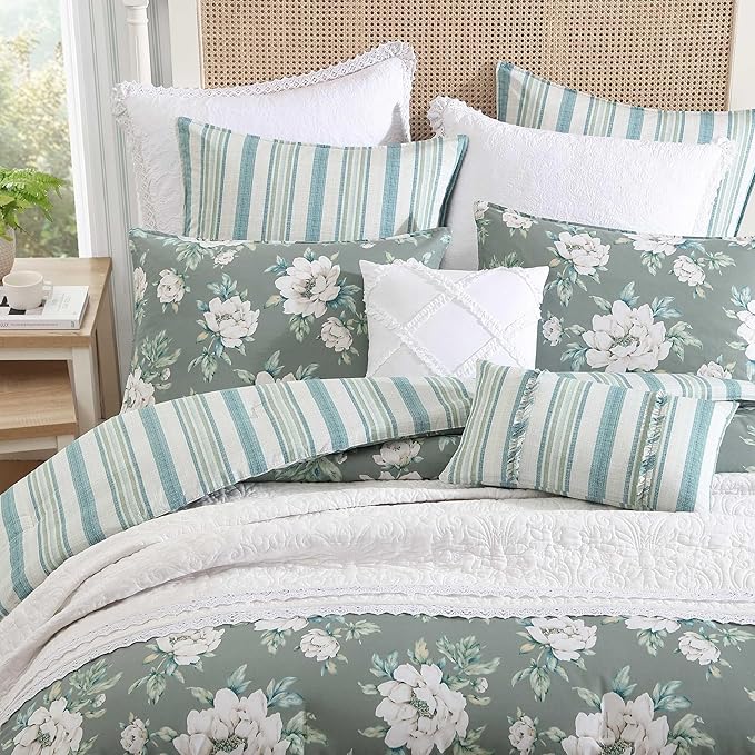 Laura Ashley - Full/Queen Comforter Set, Premium Cotton Bedding with Matching Shams, Includes Bonus Decorative Pillow Covers, Floral Home Decor, Oeko-Tex Certified (Wisley Floral Green, Full/Queen)