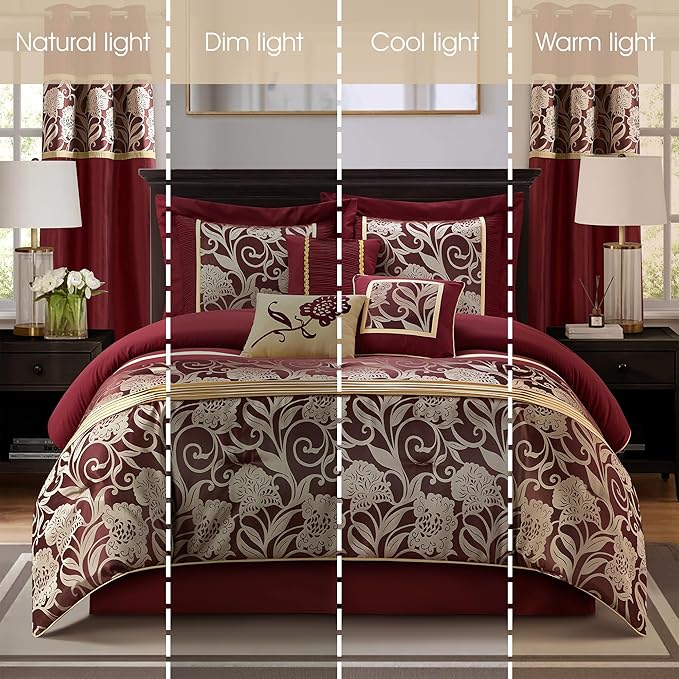 Grand Avenue Red and Gold Comforter Set Queen Size, 9 Piece Jacquard Floral Bedding Set, All Season, Ultra-Soft, Matching Pillows & Shams, Bed Skirt, Curtains
