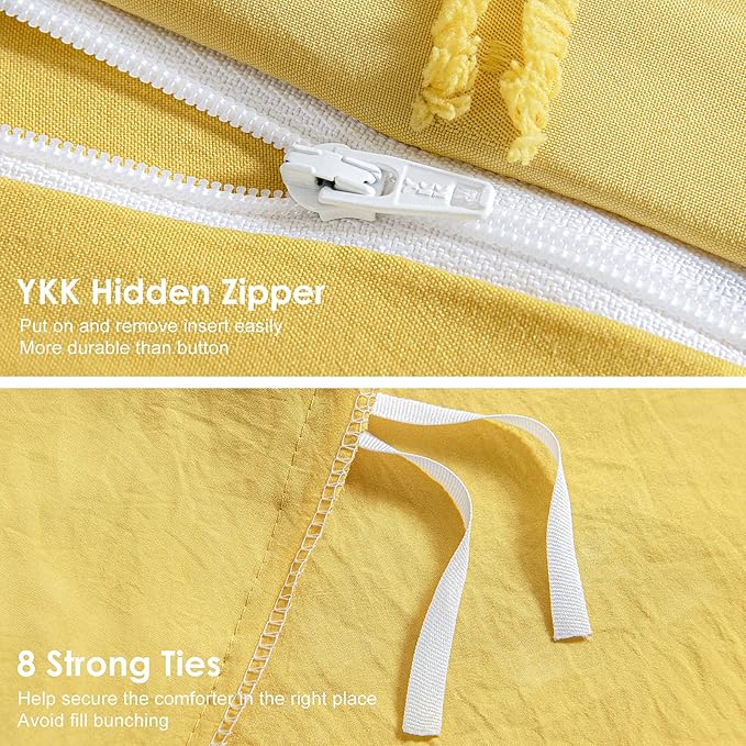 WARMDERN Boho Duvet Cover Set, Tufted Bedding Duvet Covers Soft Washed Microfiber Duvet Cover King Size, 3 Pieces Embroidery Shabby Chic Duvet Cover with Zipper Closure(Yellow, King)