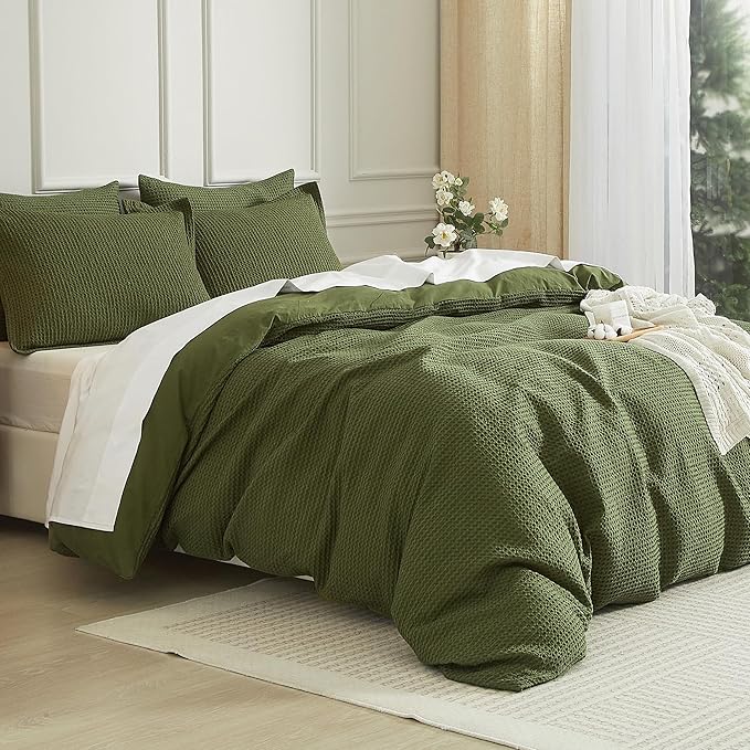 SE SOFTEXLY Waffle Duvet Cover Queen, 100% Cotton Waffle Weave Bedding Duvet Cover Set, Soft and Breathable Comforter Cover for All Season, 3 Pieces Including Pillow Shams（Green, 90”x90”）