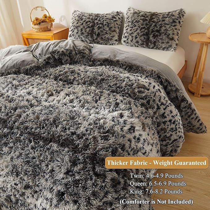 XeGe Leopard Print Fluffy Faux Fur Duvet Cover Set, 2 Pieces Soft Plush Shaggy Farmhouse Fuzzy Bedding Set(1 Faux Fur Cheetah Print Comforter Cover + 1 Furry Pillowcase), Zipper Closure(Twin, Grey)