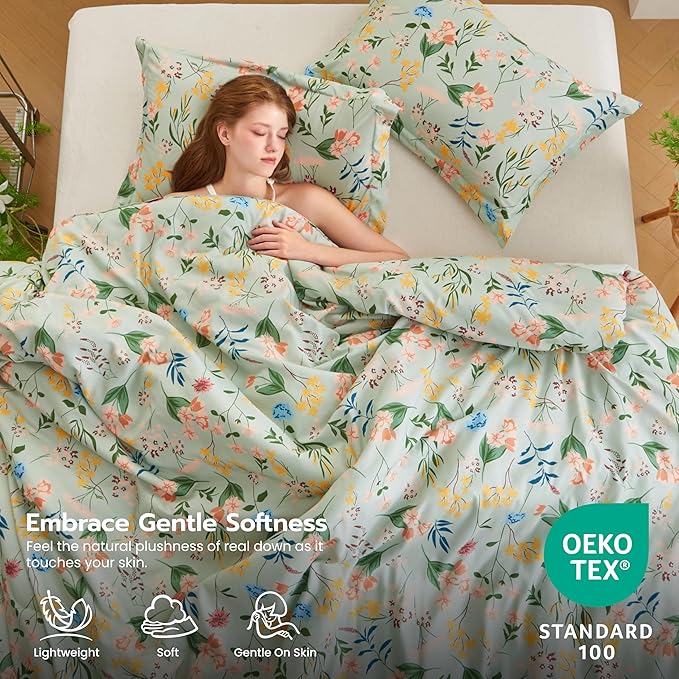 Joiedomi King Size Comforter Set Light Green, 3 Pieces Floral King Bedding Set with 1 Soft Reversible Flower Comforter and 2 Pillow Shams, Bed in a Bag for All Seasons