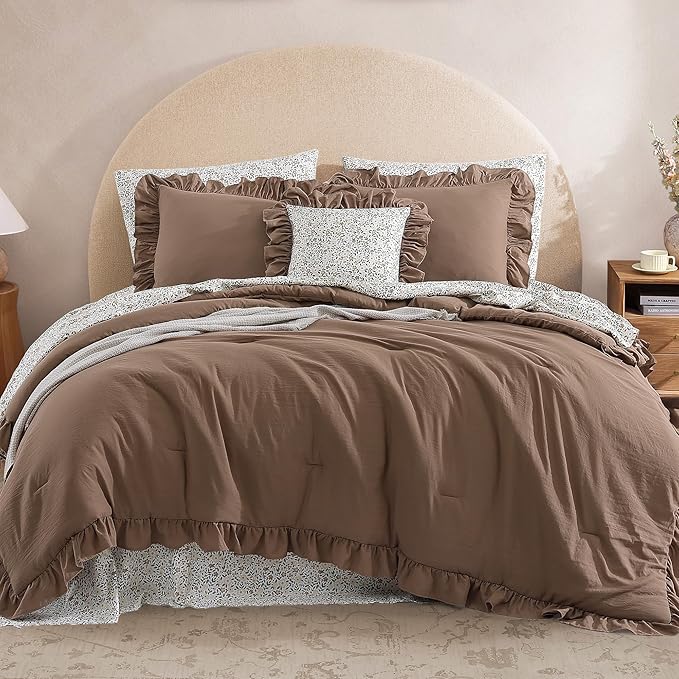 Twin XL Comforter Set - 5 Pieces Ruffle Amber Brown Floral Bedding Sets, Shabby Chic Farmhouse Bed in a Bag with Ruffle Comforter, Floral Sheets, Pillowcase & Sham
