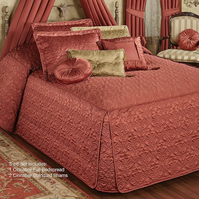 Cambridge Classic Luxury Bedding | Warm Cinnabar Solid Color Polyester Satin | Elaborate Damask Quilting | Generous 21 Inch Drop | 3 Piece Bed Set Includes Oversized Full Bedspread & 2 Standard Shams