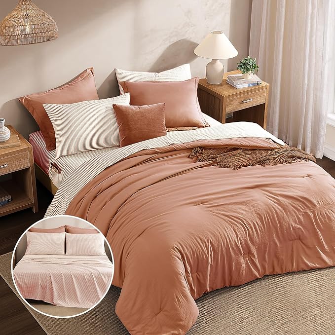 Monbix Queen Comforter Set - 7 Pieces Autumn Leaf Prewashed Bed in a Bag Queen Bedding Sets with Comforters, All Seasons Ultra Soft Comforter Bed Set with Sheets,Pillowcases & Shams