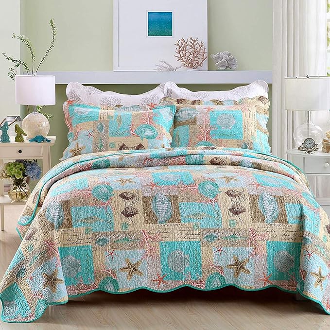 YAYIDAY Quilts Queen Size Bedspread Set - 100% Cotton Reversible Breathable Star Fish Coral Shell Style Quilted Quilt with Pillow Shams for All Seasons