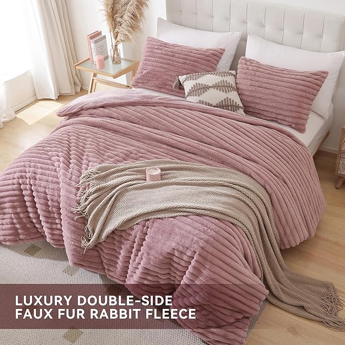 Smoofy Fluffy Queen Comforter Set 3 Pieces - Old Pink Fleece Fluffy Comforter Set, Luxury Fuzzy Queen Bedding Set, Soft Warm Bed Set All Season, Heavy Faux Fur Comforter with 2 Pillow Cases