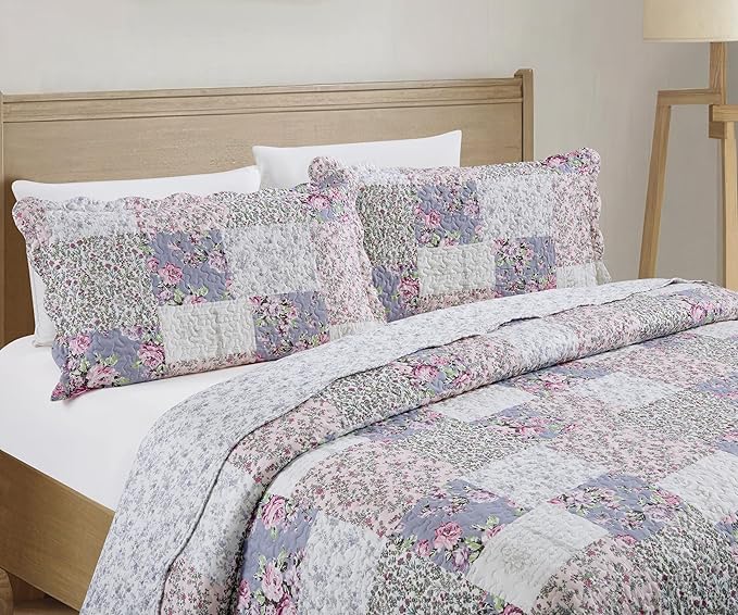 Brilliant Sunshine Roses Toile Quilt Set, 3-Piece Bedding Sets Traditional Lively Patchwork Design, Washable and Reversible Bedspread, Soft Lightweight Coverlet, All-Season, King/Cal King, Blue Pink