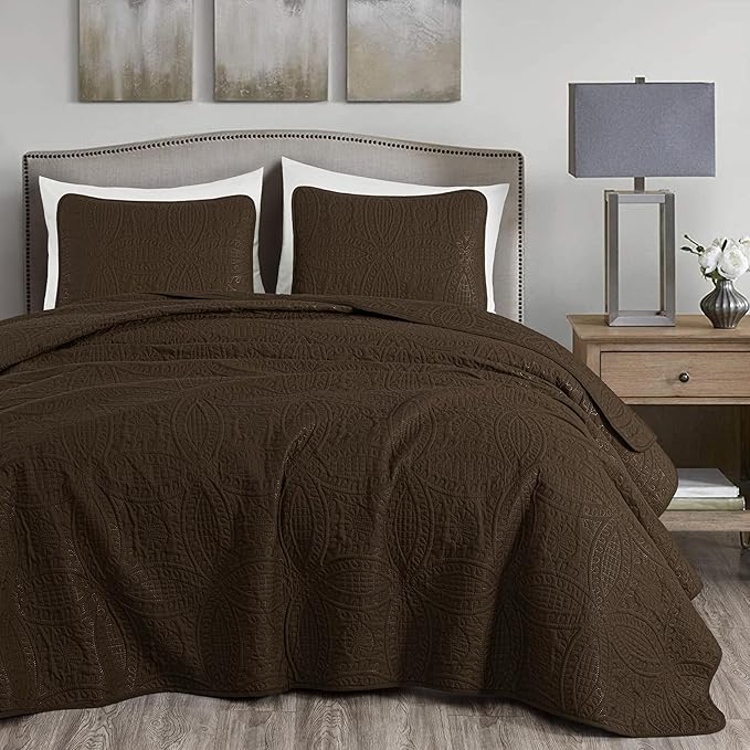 Chezmoi Collection Austin 3-Piece Oversized Bedspread Coverlet Set (Queen, Chocolate)