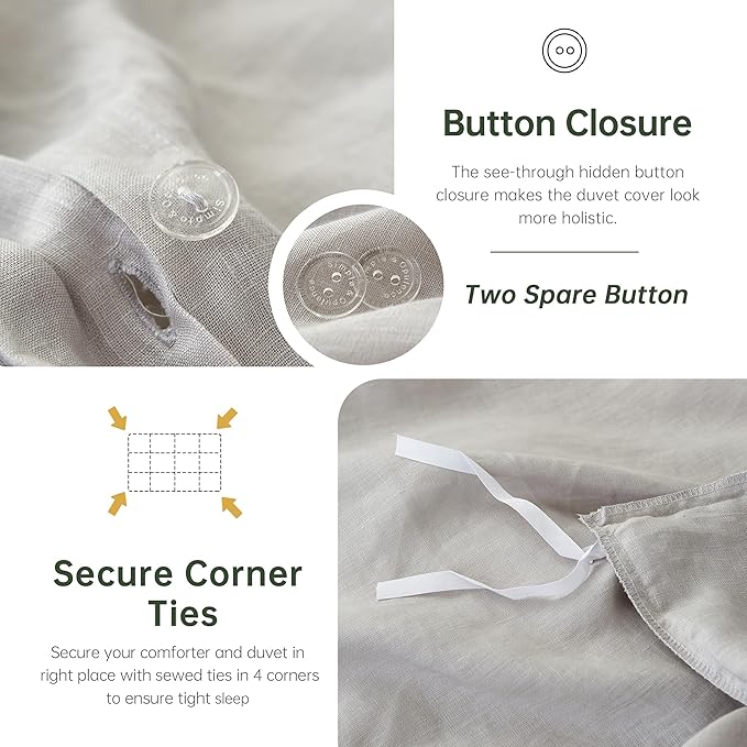 Simple&Opulence 100% Linen Duvet Cover Set, 3 PCS Natural French Flax Light Grey Duvet Cover Full Size, Breathable Soft Comfy Linen Bedding Comforter Cover with 2 Pillowcases(Light Grey, 78"x86")