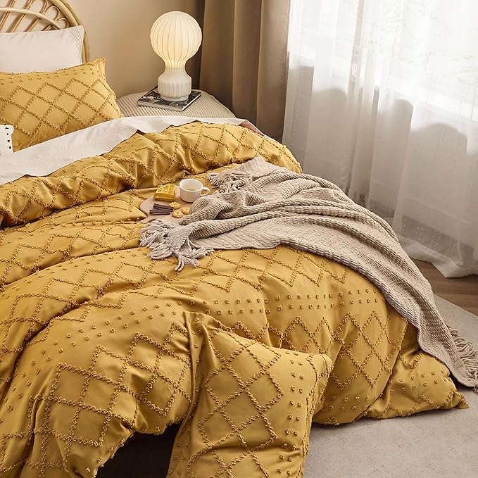 Bedsure Boho Duvet Cover King Size,Mustard Yellow Breathable & Soft Boho Bedding, Machine Washable Comforter Cover for All Seasons, Includes 1 Duvet Cover 104"x90" with 2 Pillow Shams & Zipper Closure