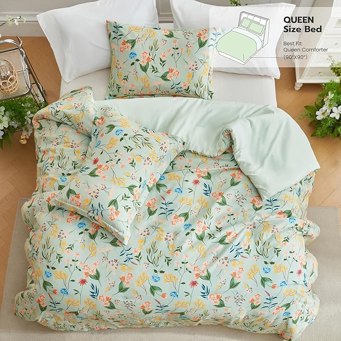 Joiedomi King Size Comforter Set Light Green, 3 Pieces Floral King Bedding Set with 1 Soft Reversible Flower Comforter and 2 Pillow Shams, Bed in a Bag for All Seasons
