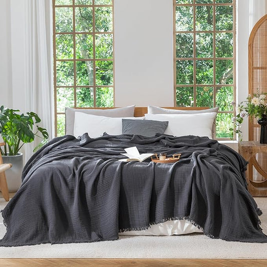 MooMee Muslin Blanket - 100% Cotton 4-Layer Gauze Throw Blanket with Tassels Ultra-Soft Breathable Lightweight Cooling for Bed Couch (Dark Grey,Oversized Queen 98" x 98")
