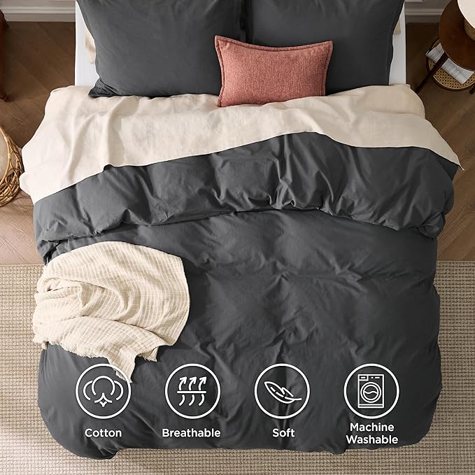 Bedsure 100% Washed Cotton Duvet Cover King - Charcoal Minimalist Cotton Duvet Cover Linen Like for All Seasons - GentleSoft™ Plain Simple Bedding (Charcoal, King, 104"x90")
