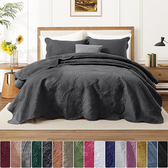 IR Imperial Rooms King Quilt Bedding Set Size (106" x 96") + 2 Pillow Shams (20" x 36"+ 2") - 3 Pcs All Season Lightweight Reversible Microfiber Coverlet Floral Embossed Quilt Bedspread (Charcoal)