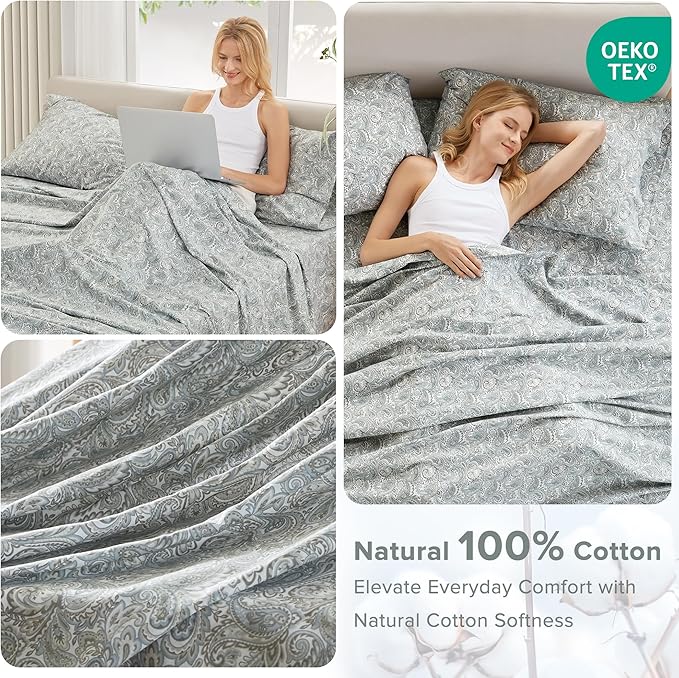 Comfort Spaces Extra Deep Pocket, 100% Cotton Queen Fits up to 24" Mattress, Breathable, Naturally Cool Cotton, Soft Cotton Sheets, All Seasons Sheet Set, Paisley 4 Piece