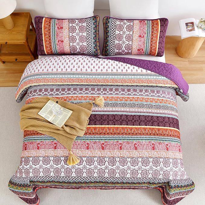WONGS BEDDING Boho Quilt Set King Size, Purple 3 Pieces Bohemian Striped Patchwork Bedspread Coverlet, Lightweight Soft Microfiber Bedding Set for All Season (104"x90")