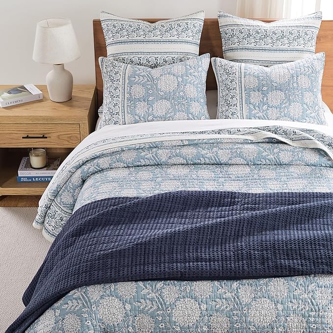 Levtex Home Adare Blue Reversible King/Cal King Quilt Set (106x92in) with 2 Pillow Shams (36x20in) - Floral Bedding - Blue White - Cotton King Size Quilt Bedding Set - Lightweight, Soft, Pre-Washed