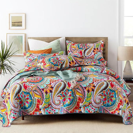 Qucover California King Quilt, Cotton Boho Paisley Quilt, 3 Piece Lightweight Oversized King Bedspread with Pillow Shams, Lightweight Colorful Bedding Comforter Sets, 118x106