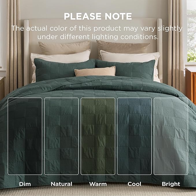 Bedsure 100% Cotton Quilt Set - Lightweight King Bedspread, Cozy Emerald Green Bedding Coverlet 3-Piece with Pillow Shams in Checker Pattern for All Season, 106x96 inches, 100% Cotton Voile