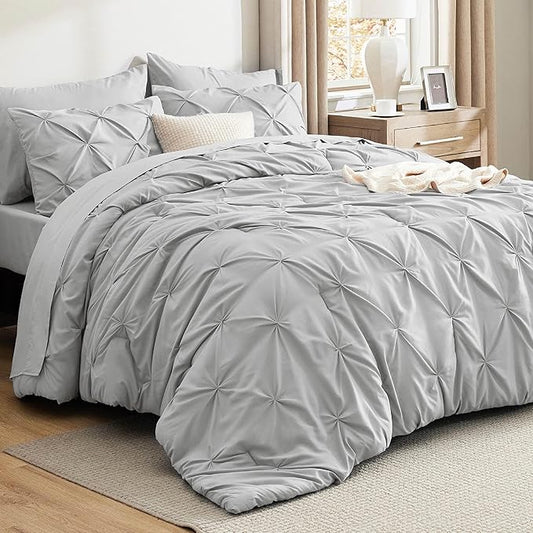 Bedsure California King Comforter Set - Bed in a Bag Cal King Bedding Set 7 PCS, GentleSoft™ Pintuck Bed Set Gift for Family, Pinch Pleat Light Grey Comforter with Sheets, Pillowcases & Shams