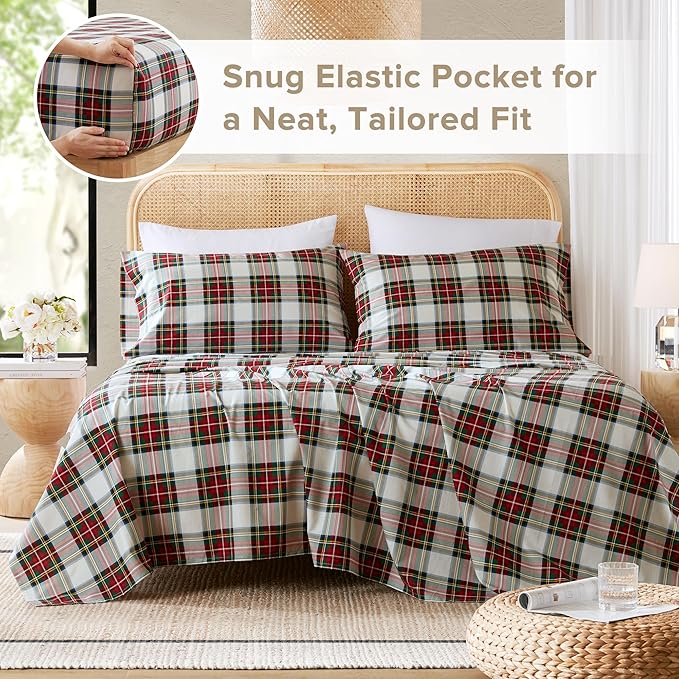 Comfort Spaces 100% Cotton Sheets Queen, Breathable, Naturally Cool Cotton Sheets,Cotton Bed Sheets with 14" Elastic Pocket Fits up to 16" Mattress, All Seasons Sheet Set, Scottish Plaid Red 4 Piece