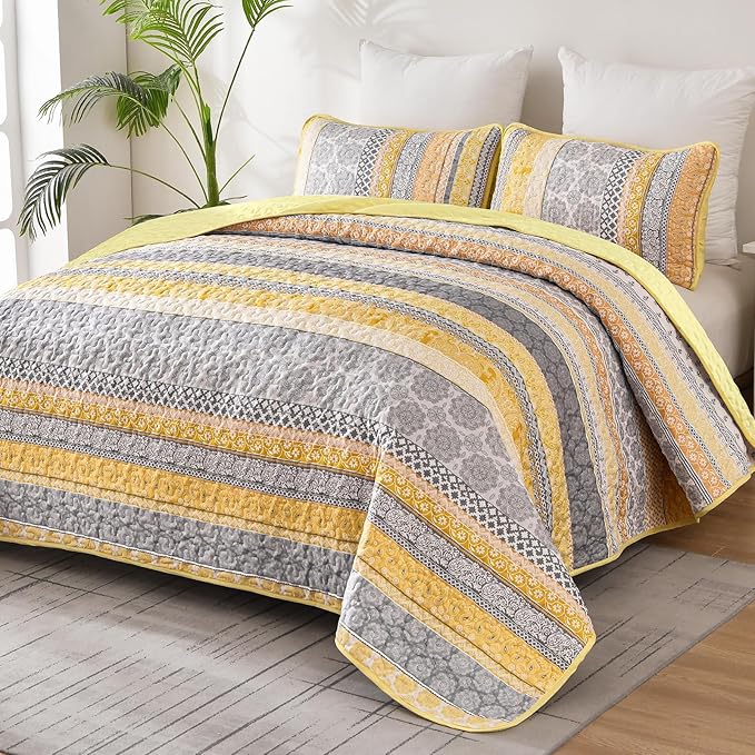 WONGS BEDDING Boho Quilt Set Queen Size, Yellow Bohemian 3 Pieces Fall Quilt Sets, Lightweight Bedspread Coverlet Bedding Set for All Season (96"x90")