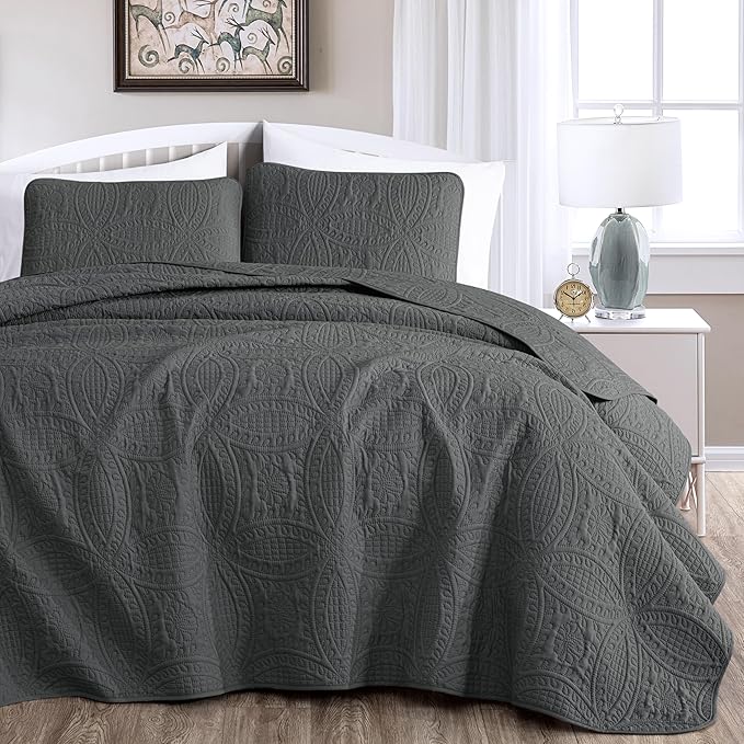 Chezmoi Collection Austin 3-Piece Oversized Bedspread Coverlet Set (King, Charcoal)